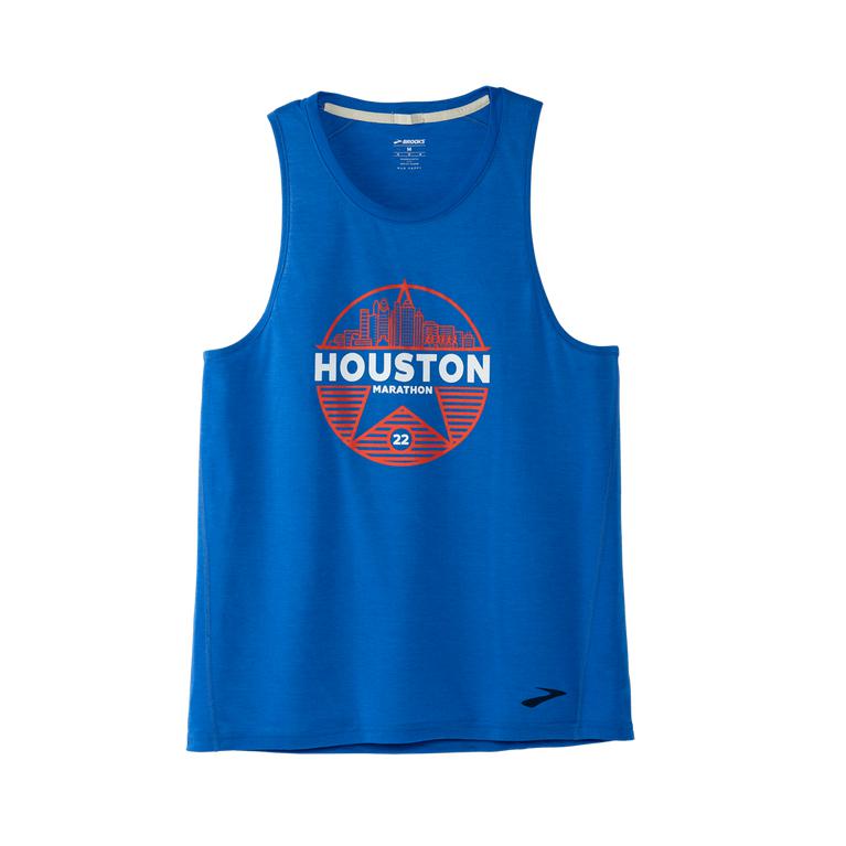 Brooks Men's HOUSTON22 DISTANCE GRPHIC Running Tank Top - Heather Bluetiful/26.2 Star - Canada (JLNR